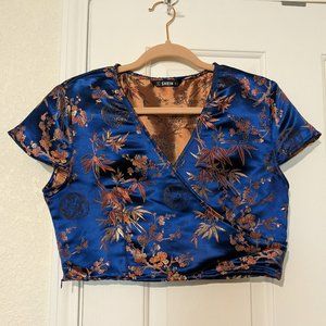 Surplice Neck Floral Jacquard Top & Split Hem Skirt Set